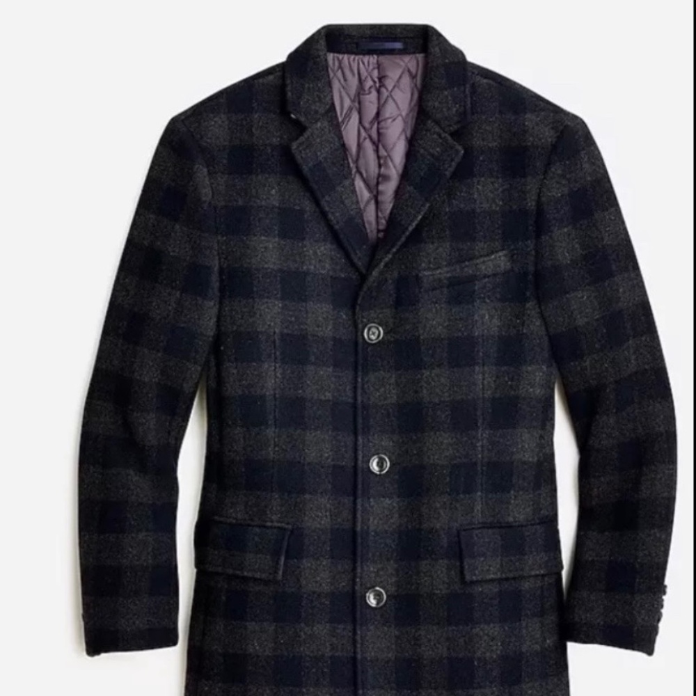 J Crew Mens Ludlow Topcoat Navy Grey Plaid Primaloft 38S NWT